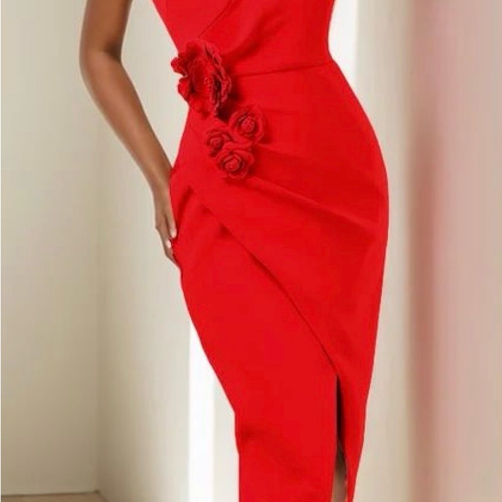 Chic One Shoulder Red Dress with Floral Accents